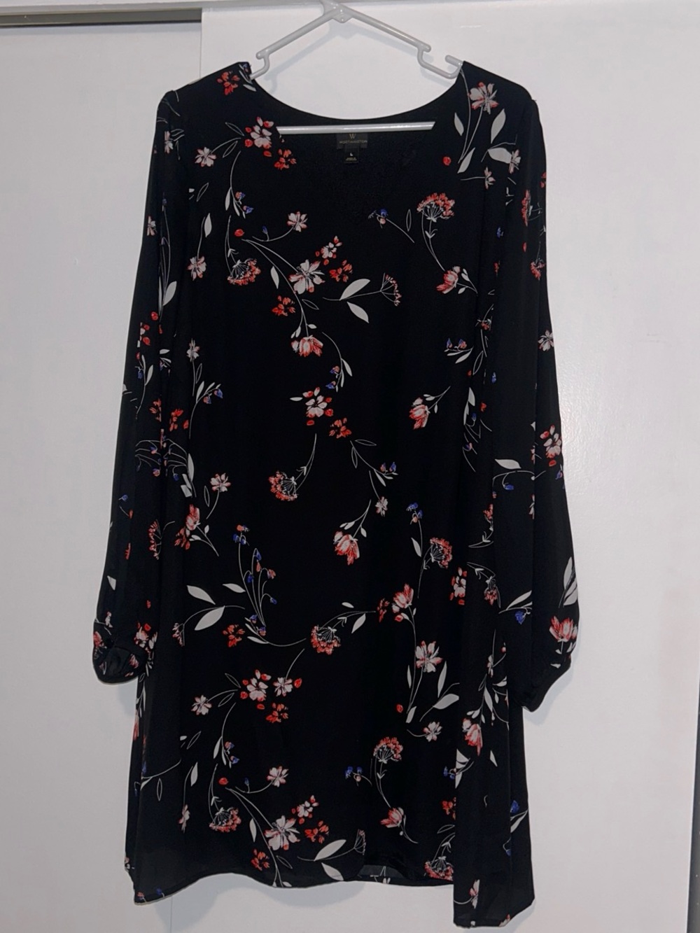 Worthington Black Floral Open Long-Sleeve Dress